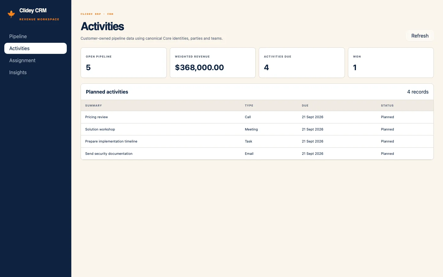 Clidey ERP CRM app activities with sample follow-ups