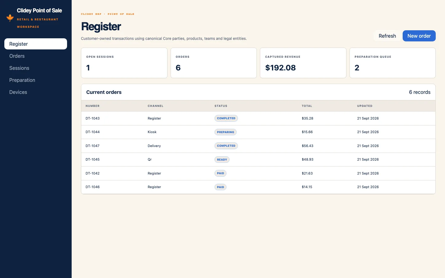 Clidey ERP Point of Sale app register with sample transactions
