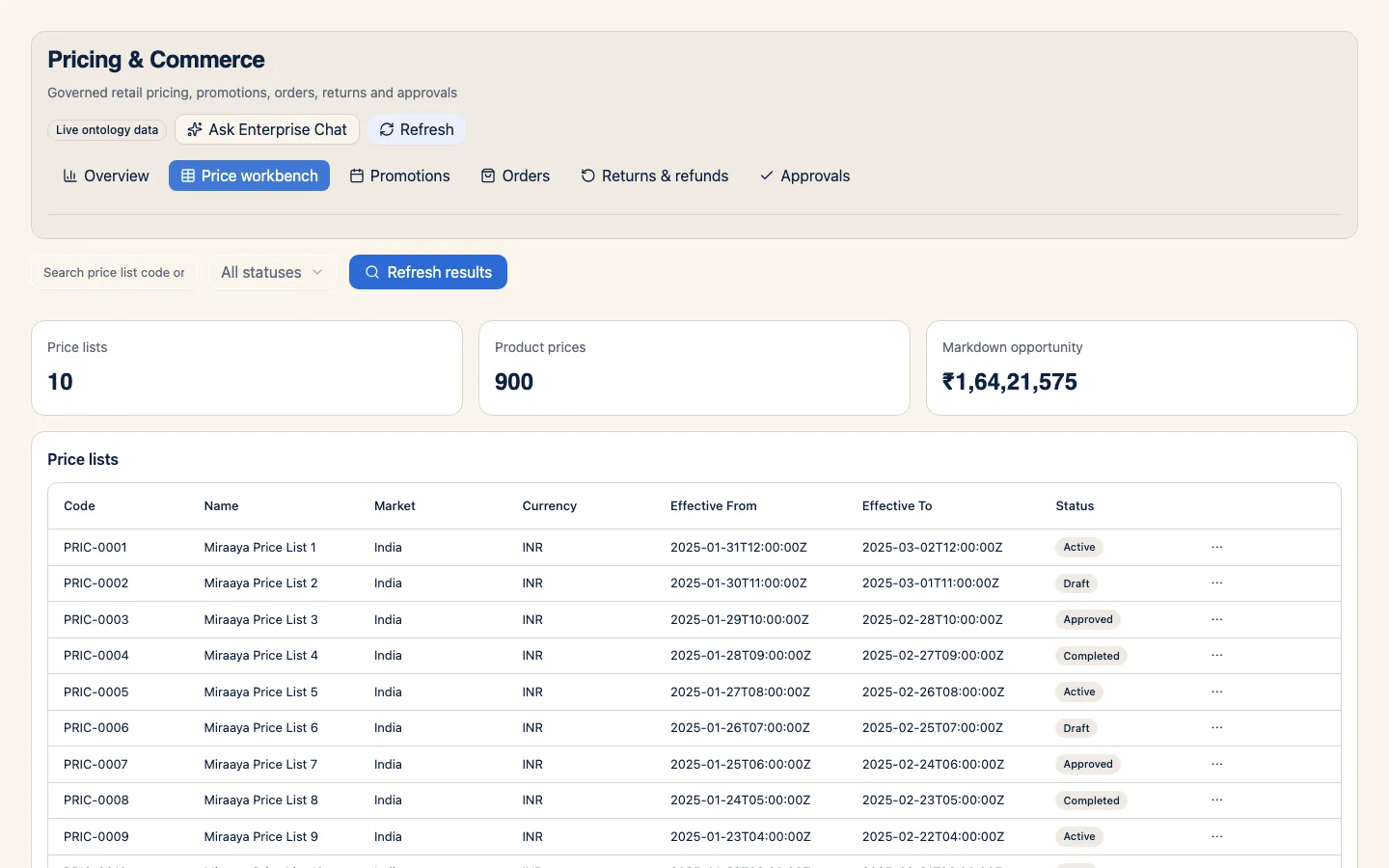 RetailOS Pricing and Commerce source app price workbench with sample product prices