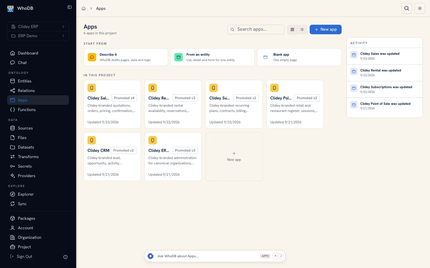 Clidey ERP demo app library in WhoDB