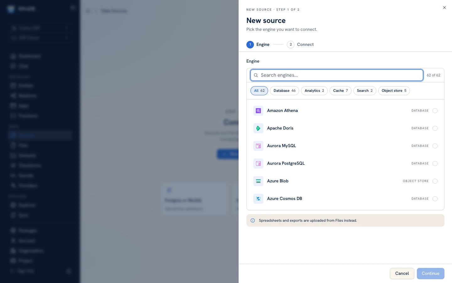 WhoDB new source picker showing the available database, analytics, cache, search, and object store engines
