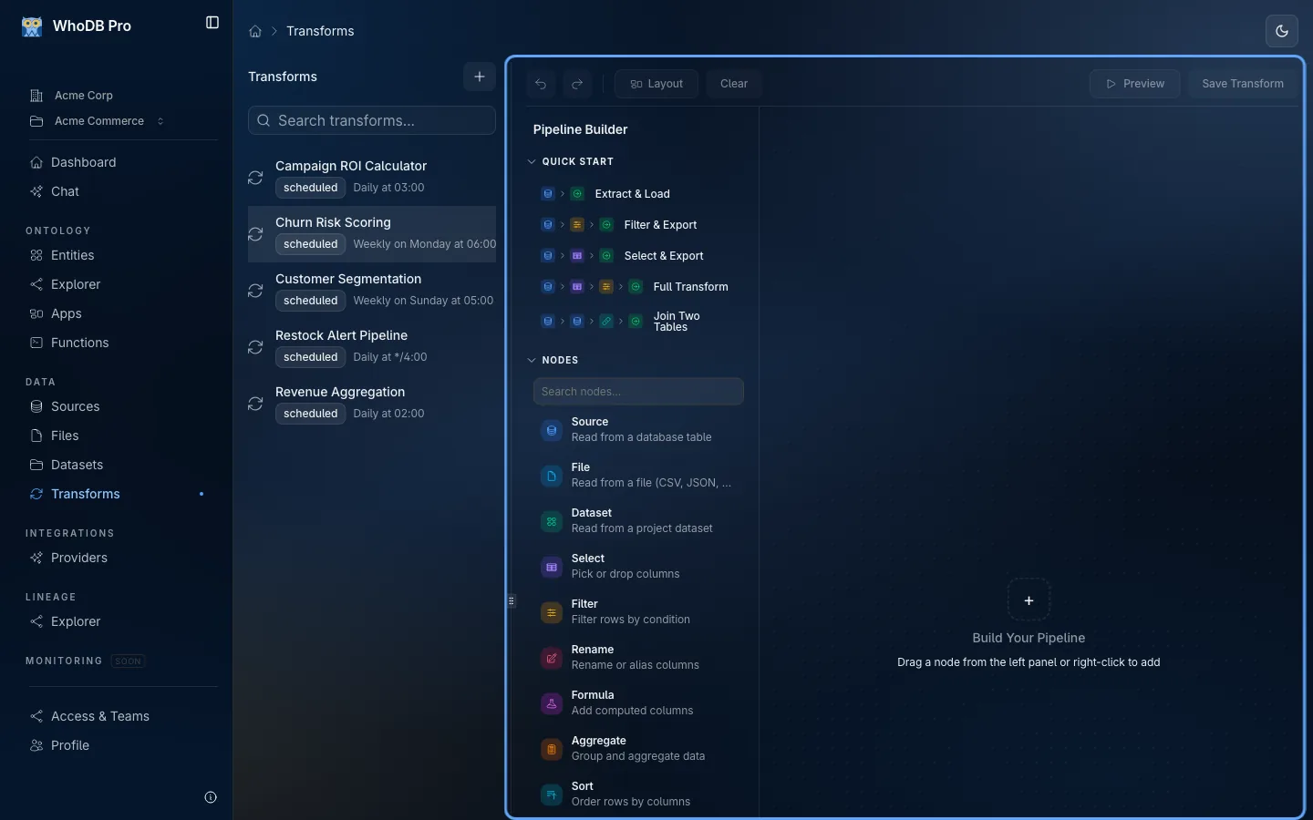 WhoDB visual data pipeline builder with connected transform nodes