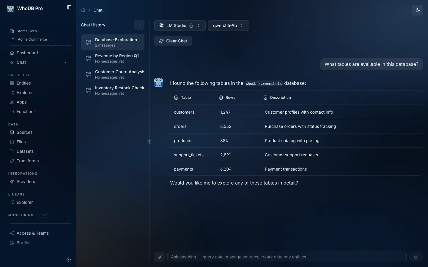 WhoDB AI data agent answering a question using permitted project data