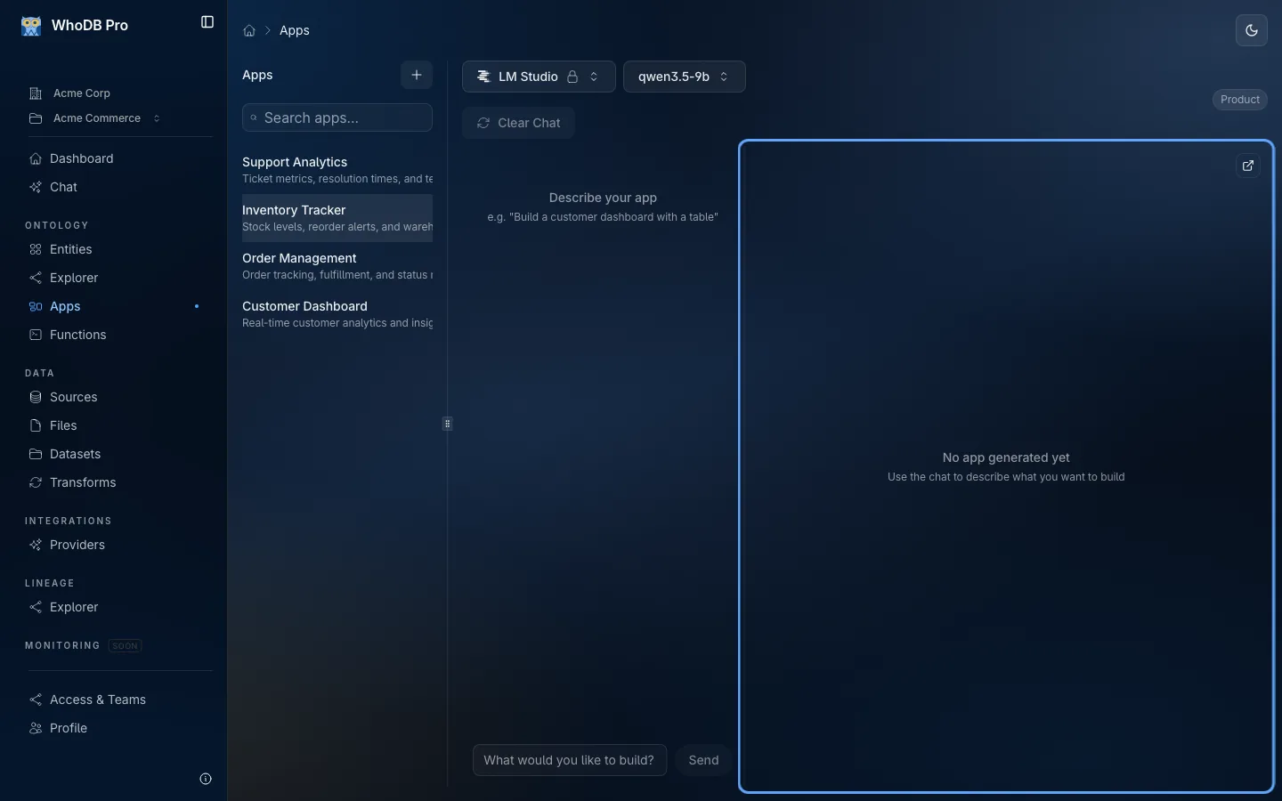A data application running inside the WhoDB app workspace