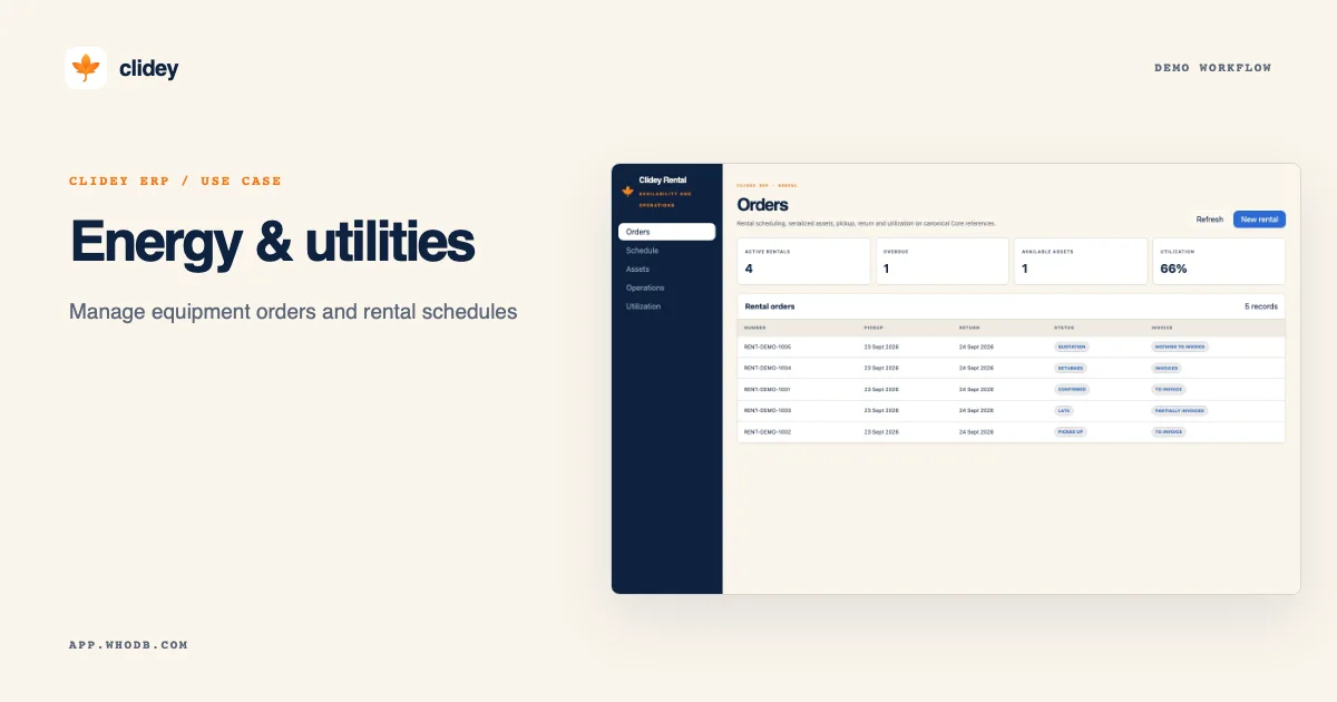 Clidey Energy & utilities demo artwork featuring Clidey ERP Rental app with sample equipment orders